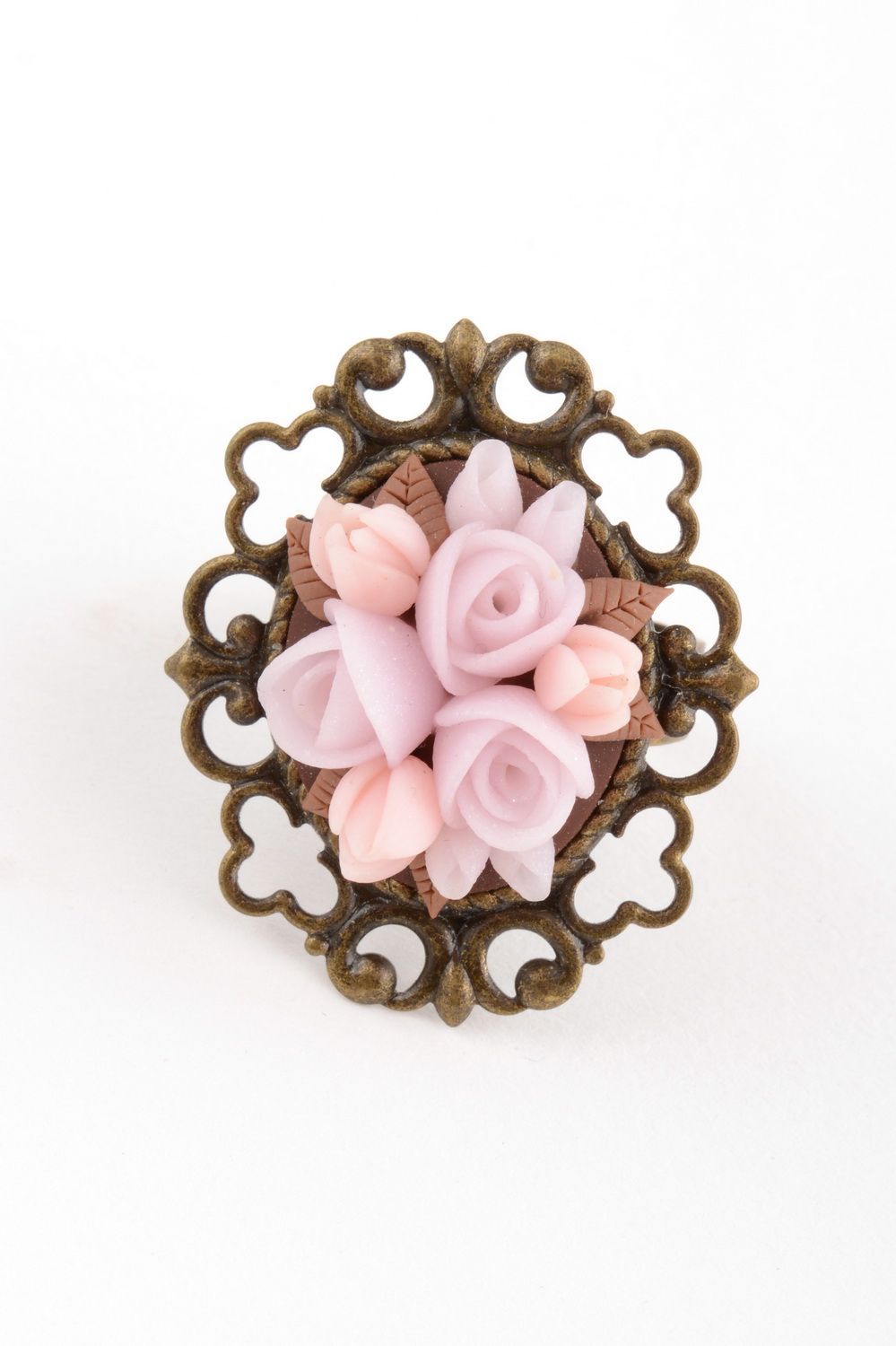 Handmade jewelry ring with figured metal basis and pink polymer clay flowers photo 2