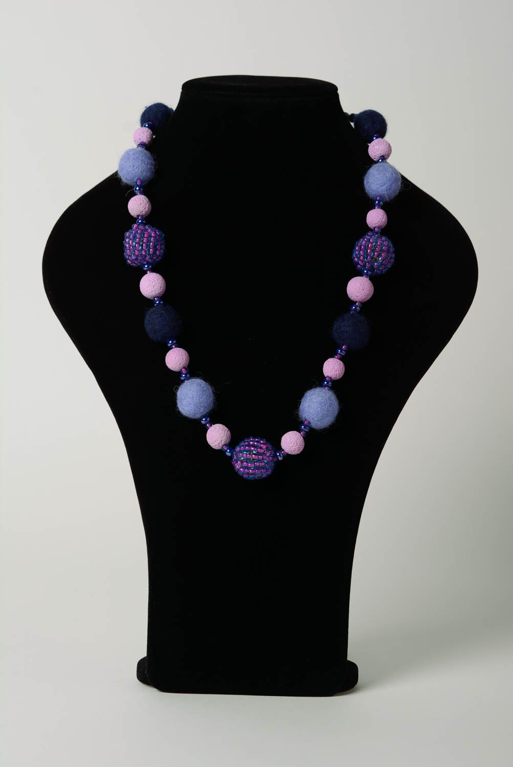 Handmade designer felted wool balls necklace with seed beads in violet color photo 2