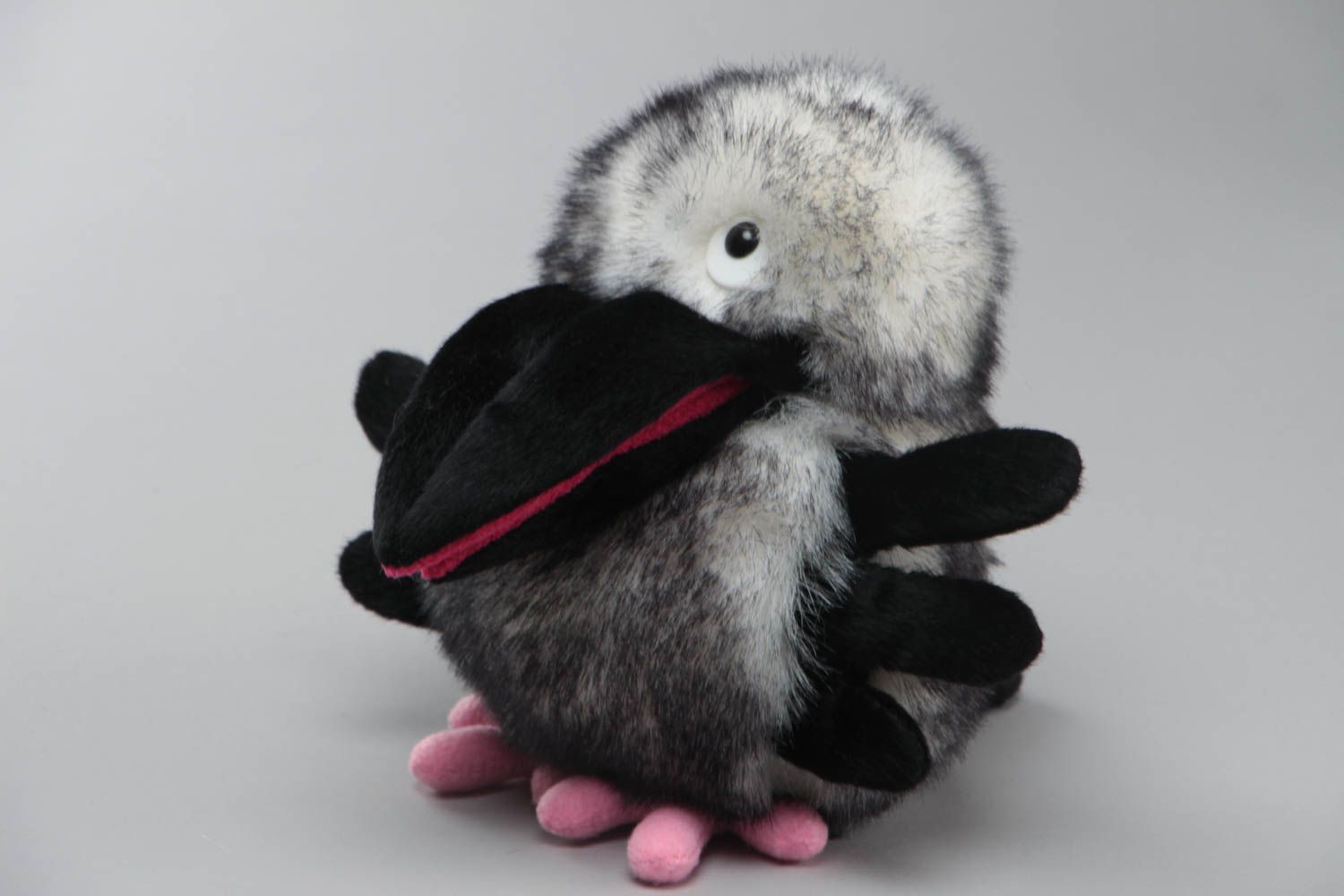 Handmade soft glove toy sewn of gray faux fur Crow for home puppet theater photo 2