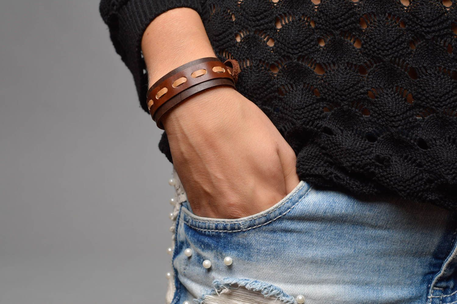Bracelet cuir naturel Bijou fait main nuances marron stylé Accessoire femme photo 5