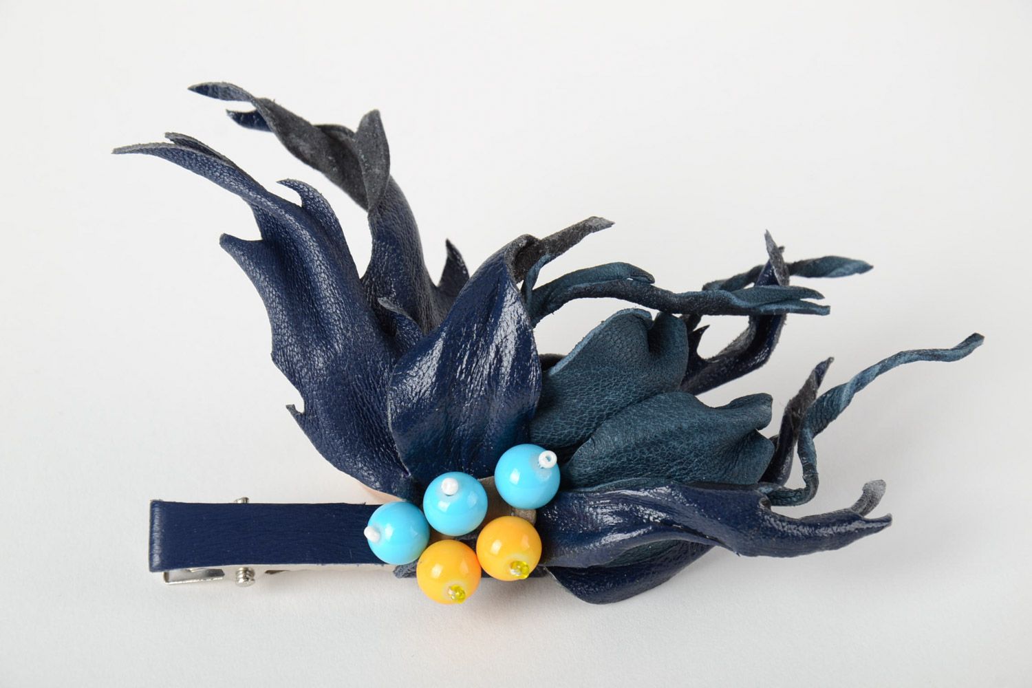 Handmade designer genuine leather volume black flower hair clip with beads  photo 3