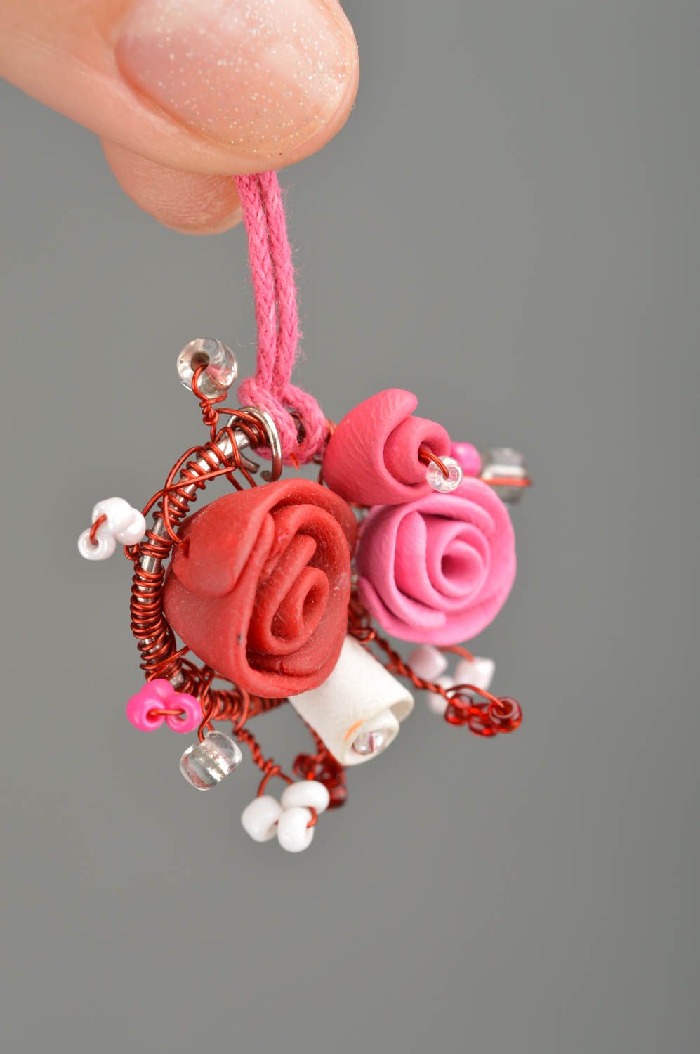 Handmade elegant flower pendant made of polymer clay in pink color photo 2