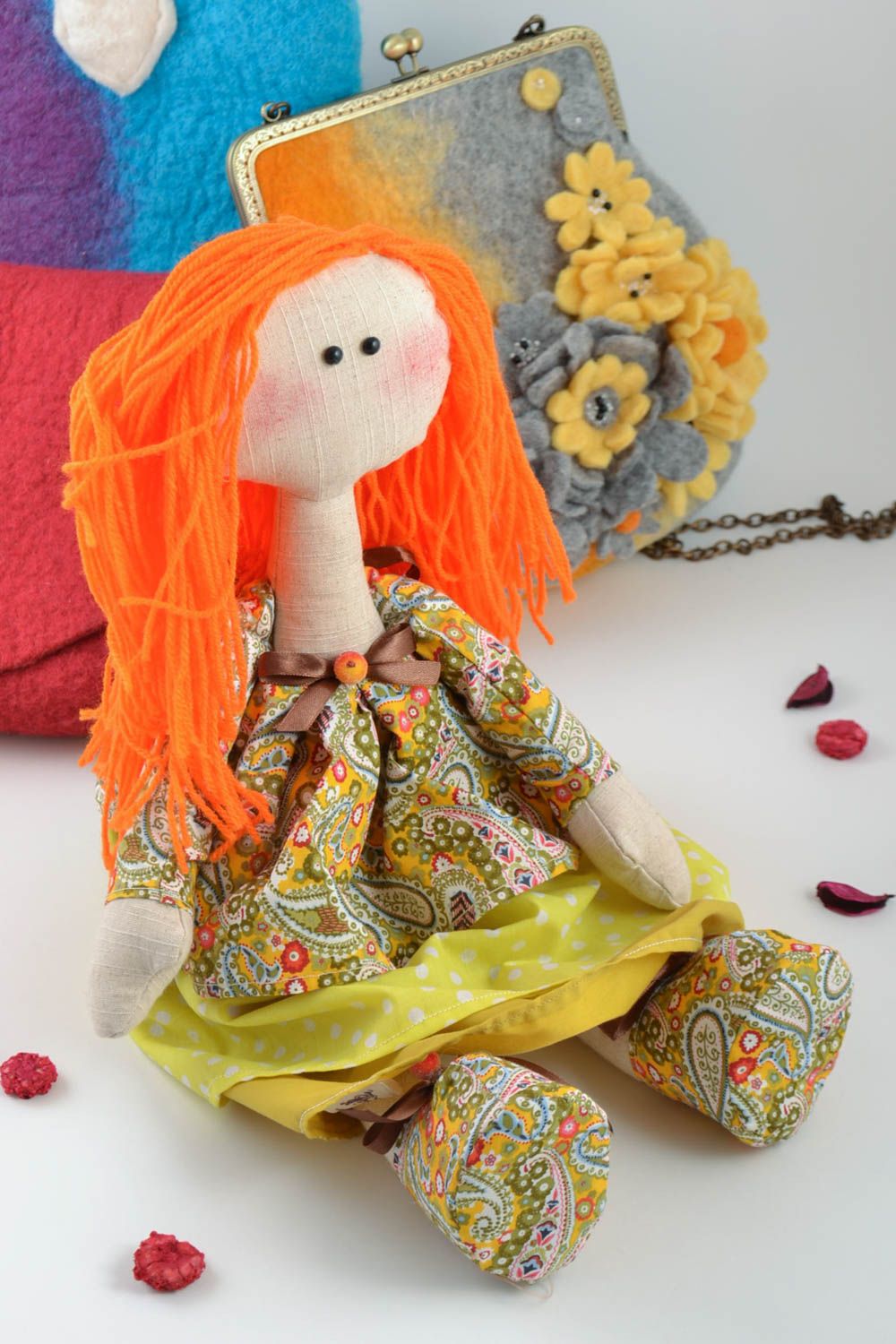 Beautiful handmade children's fabric soft doll girl with ginger hair photo 1
