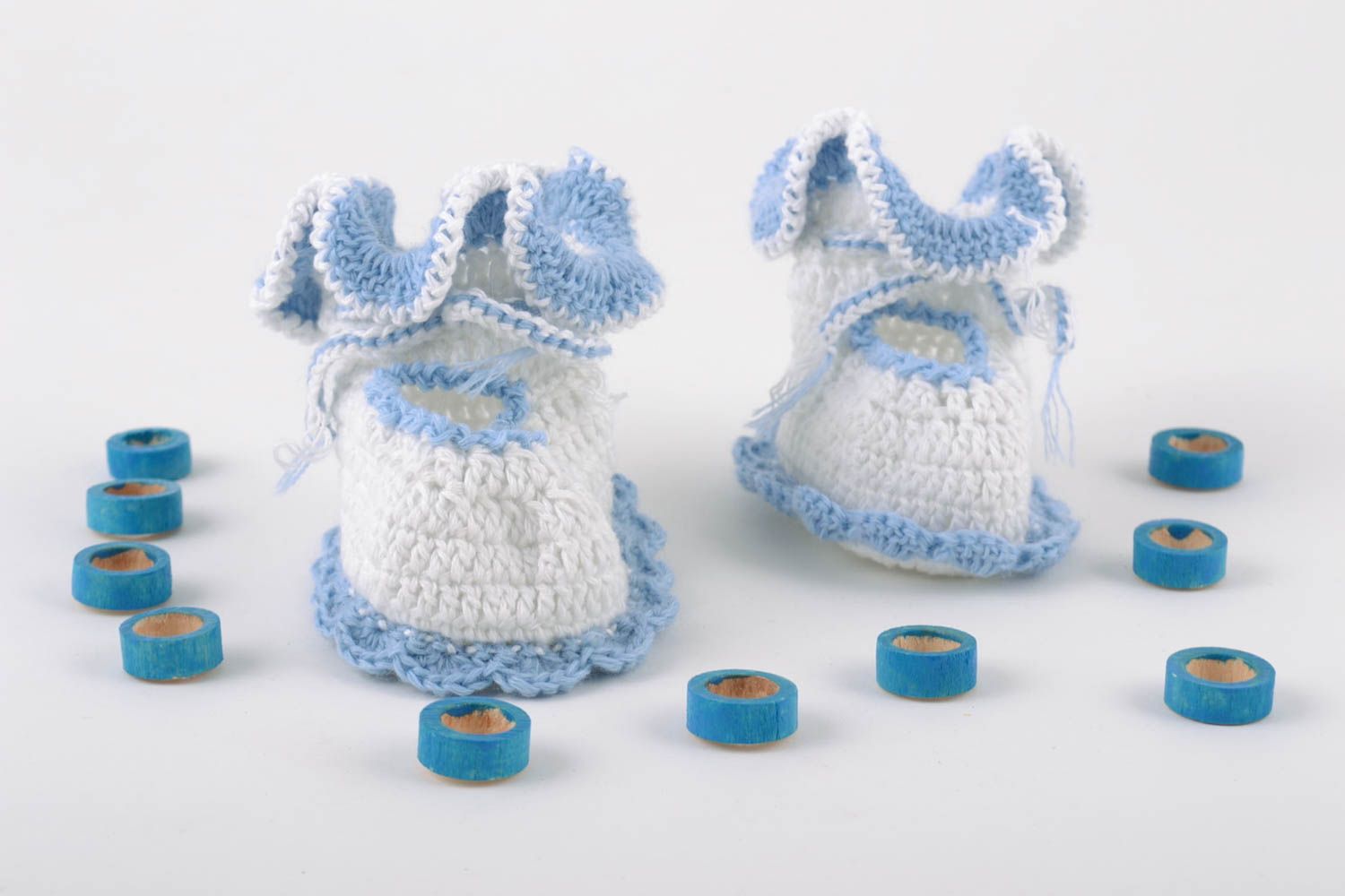 Handmade festive baby boy shoes crocheted of white and blue cotton threads photo 1
