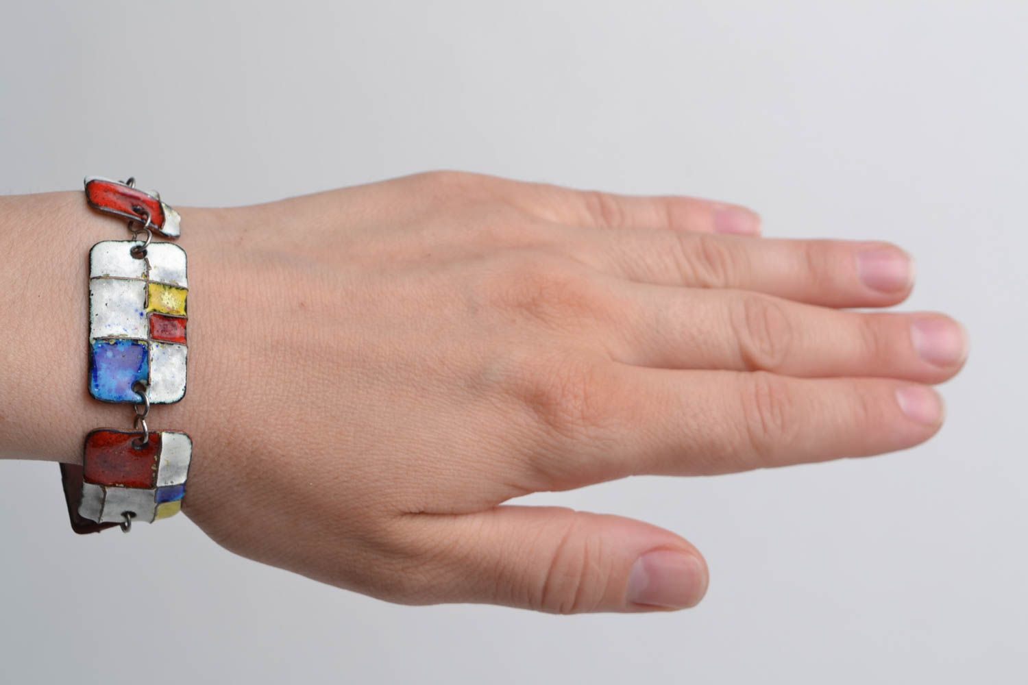Bracelet en cuivre avec émaux perles plats fantaisie multicolore fait main photo 1