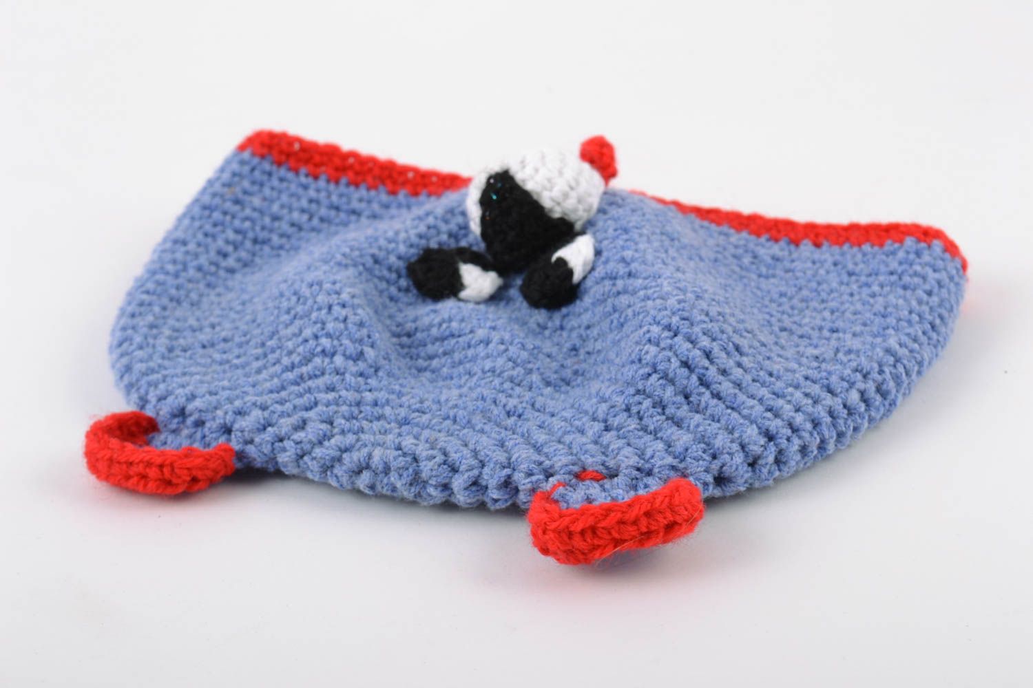 Handmade baby hat crocheted of blue and red cotton threads with bear muzzle photo 5