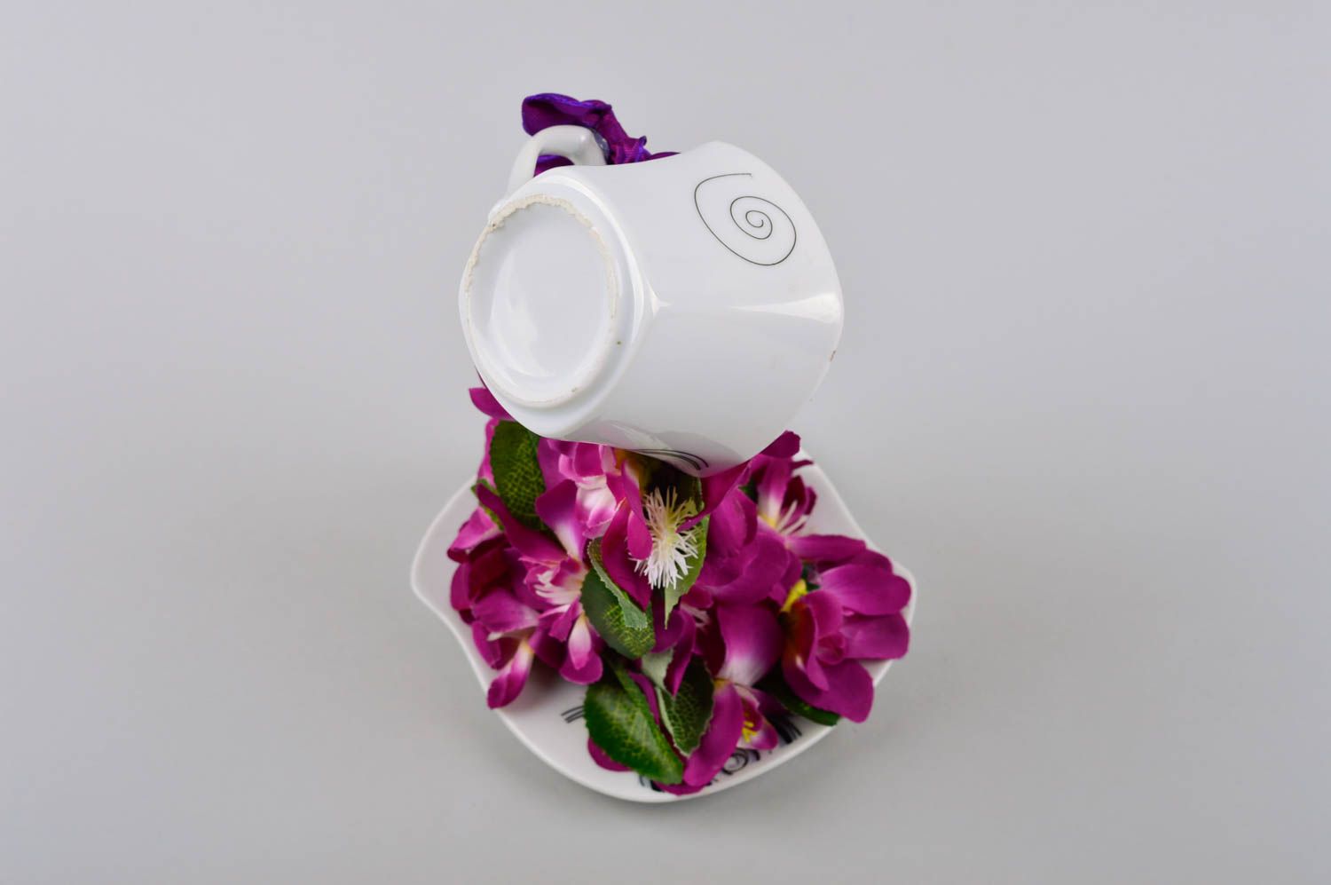 Topiario artificial taza con flores lilas elemento decorativo regalo original foto 5