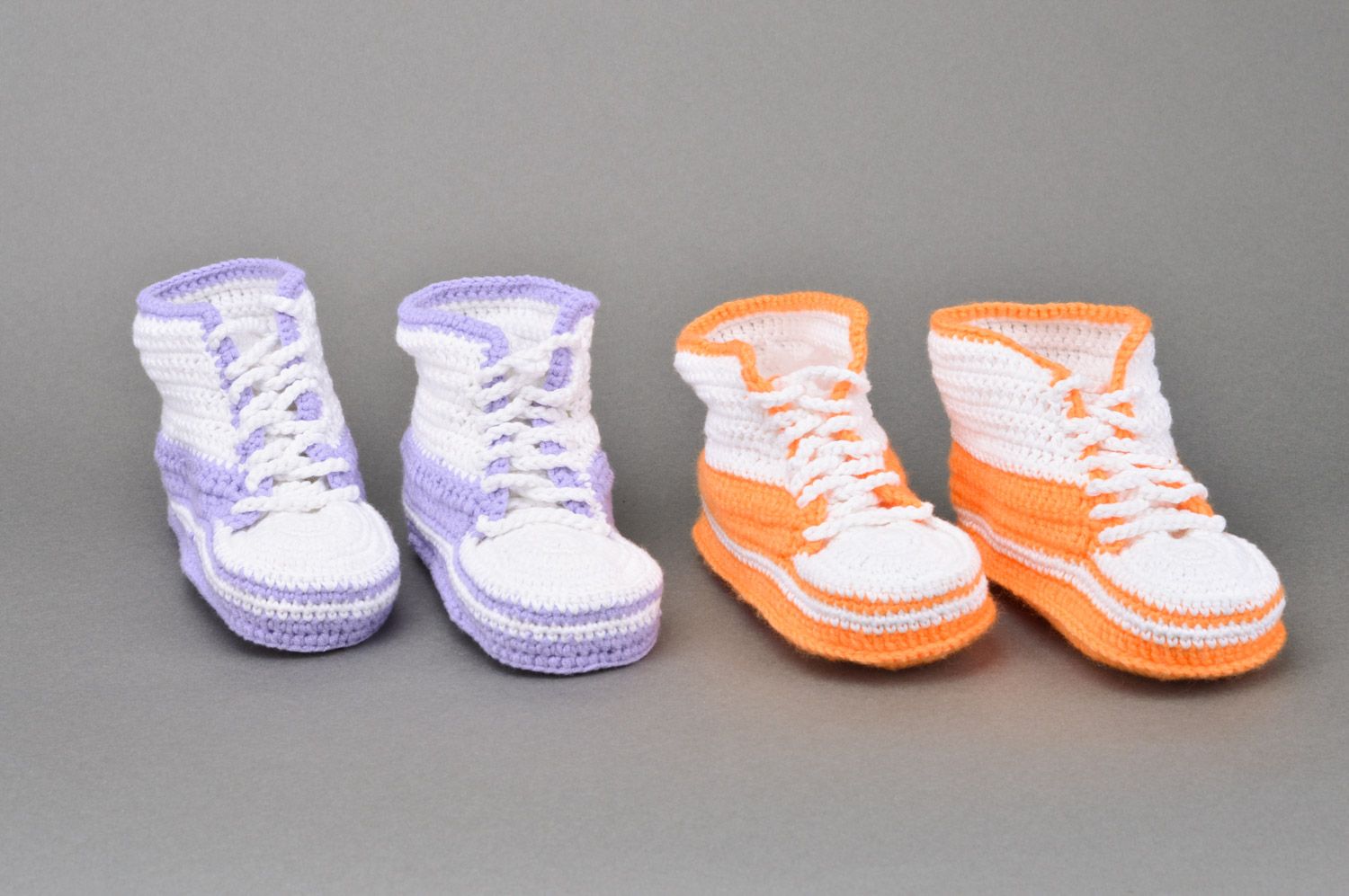 Handmade crocheted baby booties set of 2 pairs in orange and purple colors photo 2