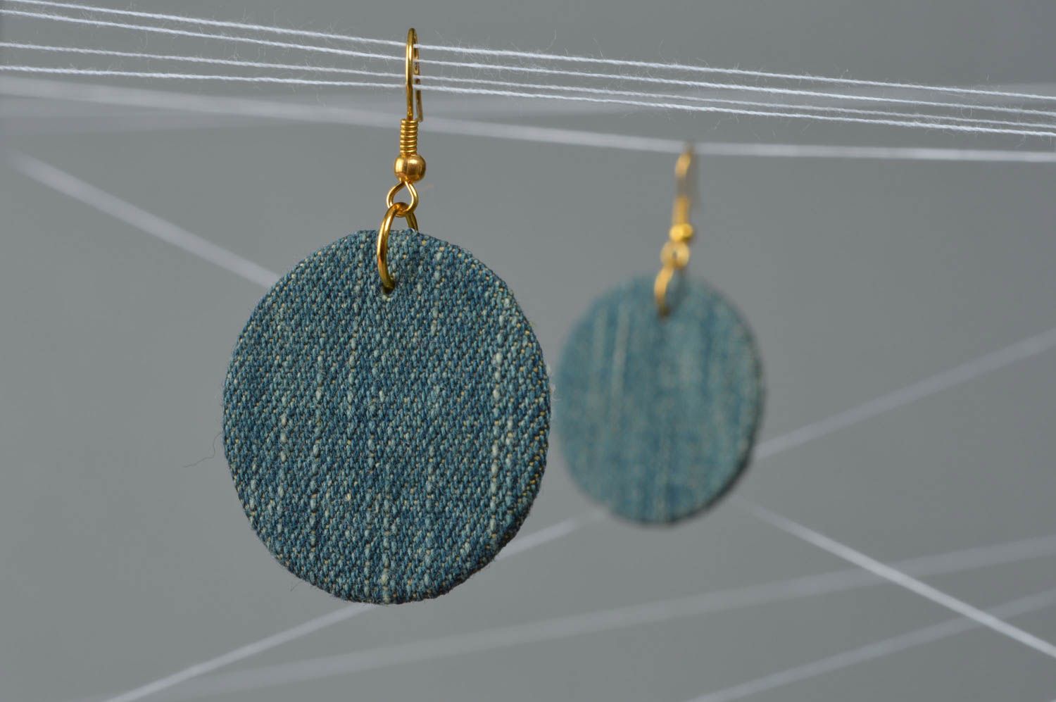 Handmade designer round blue denim fabric dangling earrings on carton basis photo 1