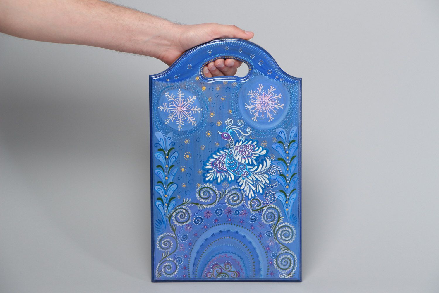 Handmade beautiful painted blue wooden chopping board for wall decor photo 5