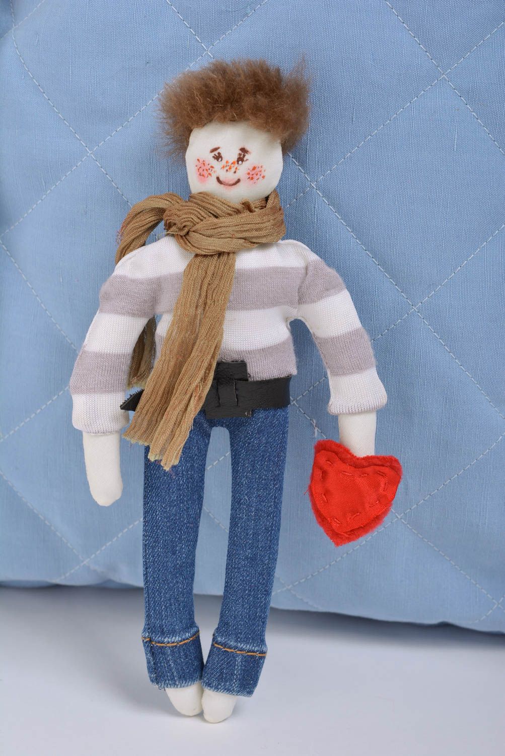 Handmade designer fabric soft toy boy in jeans and striped sweater with heart photo 1