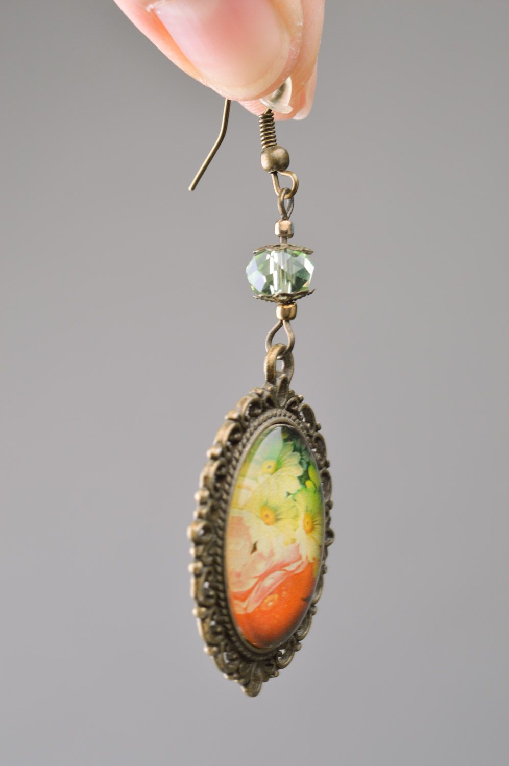 Handmade long oval vintage earrings in metal frame  photo 3