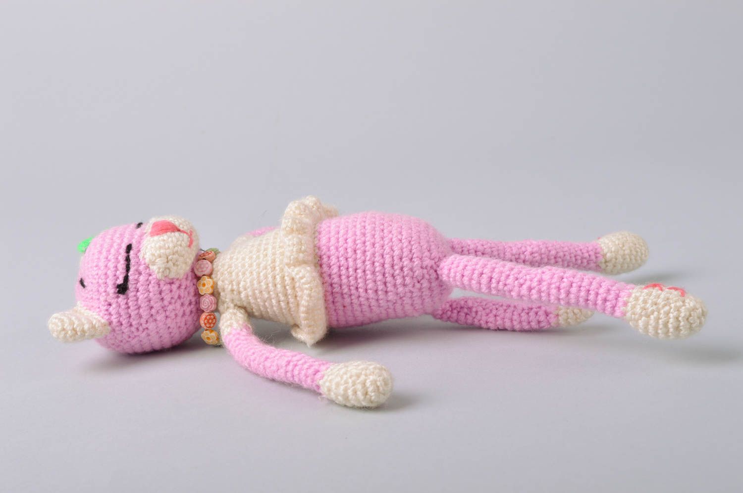Handmade designer crocheted soft toy pink cat in dress with green bow  photo 4