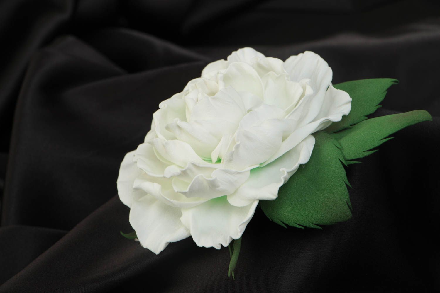 Handmade designer brooch with large volume white foamiran flower and green leaf photo 1
