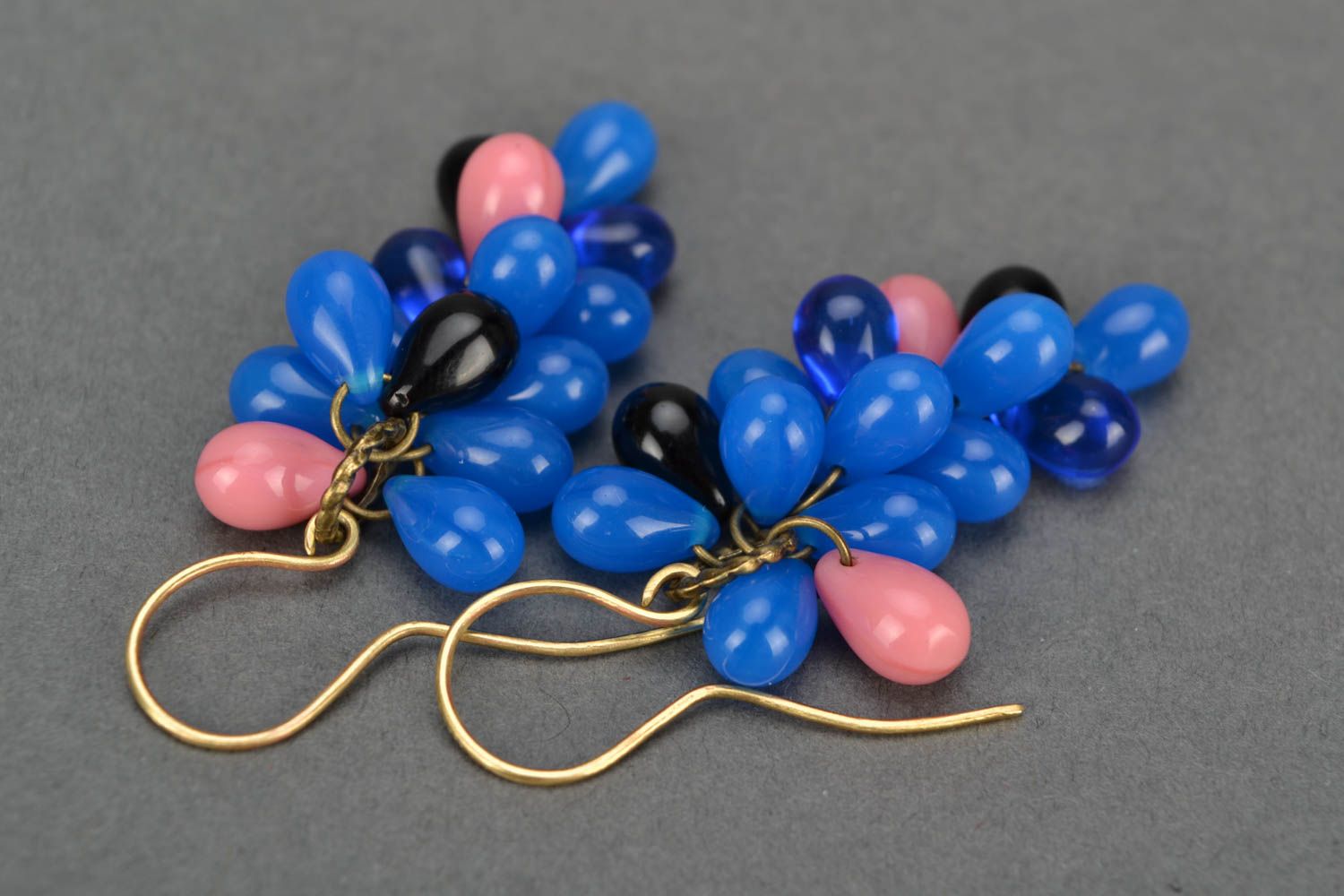 Beautiful blue handmade designer long earrings created of Czech glass photo 1
