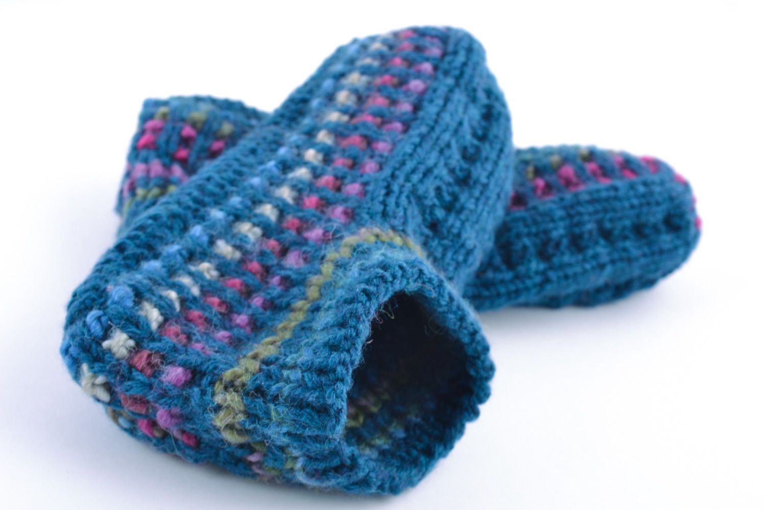 Beautiful cozy handmade knitted semi-woolen slippers of blue color for women  photo 5