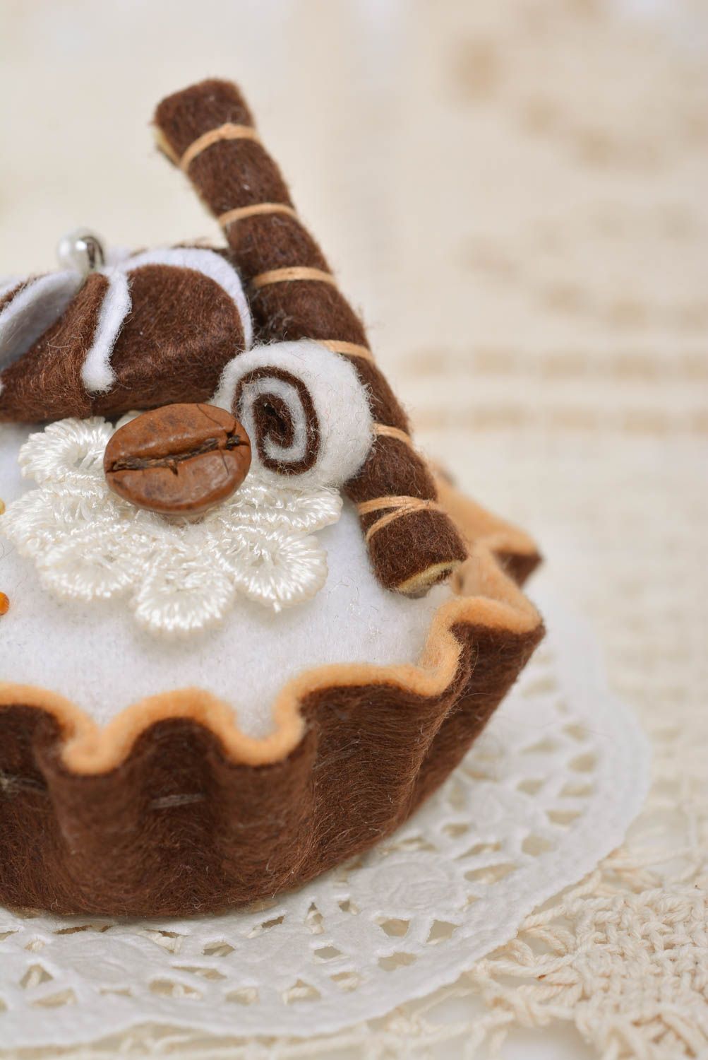 Handmade soft pincushion sewn of felt in the shape of chocolate cake with coffee photo 4