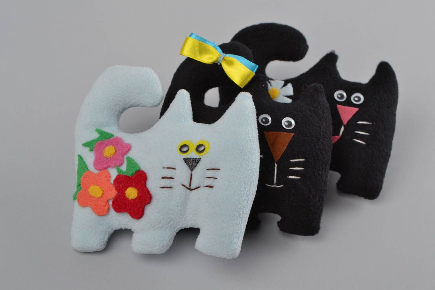 Handmade decorative interior fleece toy cat with curled tail light with flowers photo 1