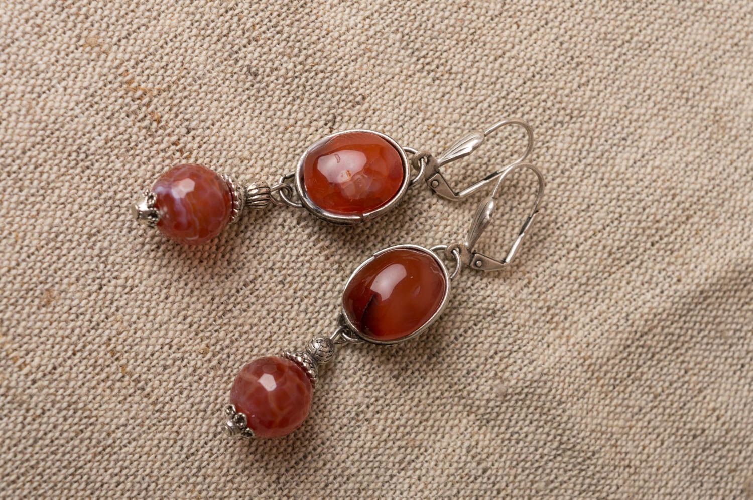 Beautiful long handmade brass earrings with agate natural stone beads for girls photo 1