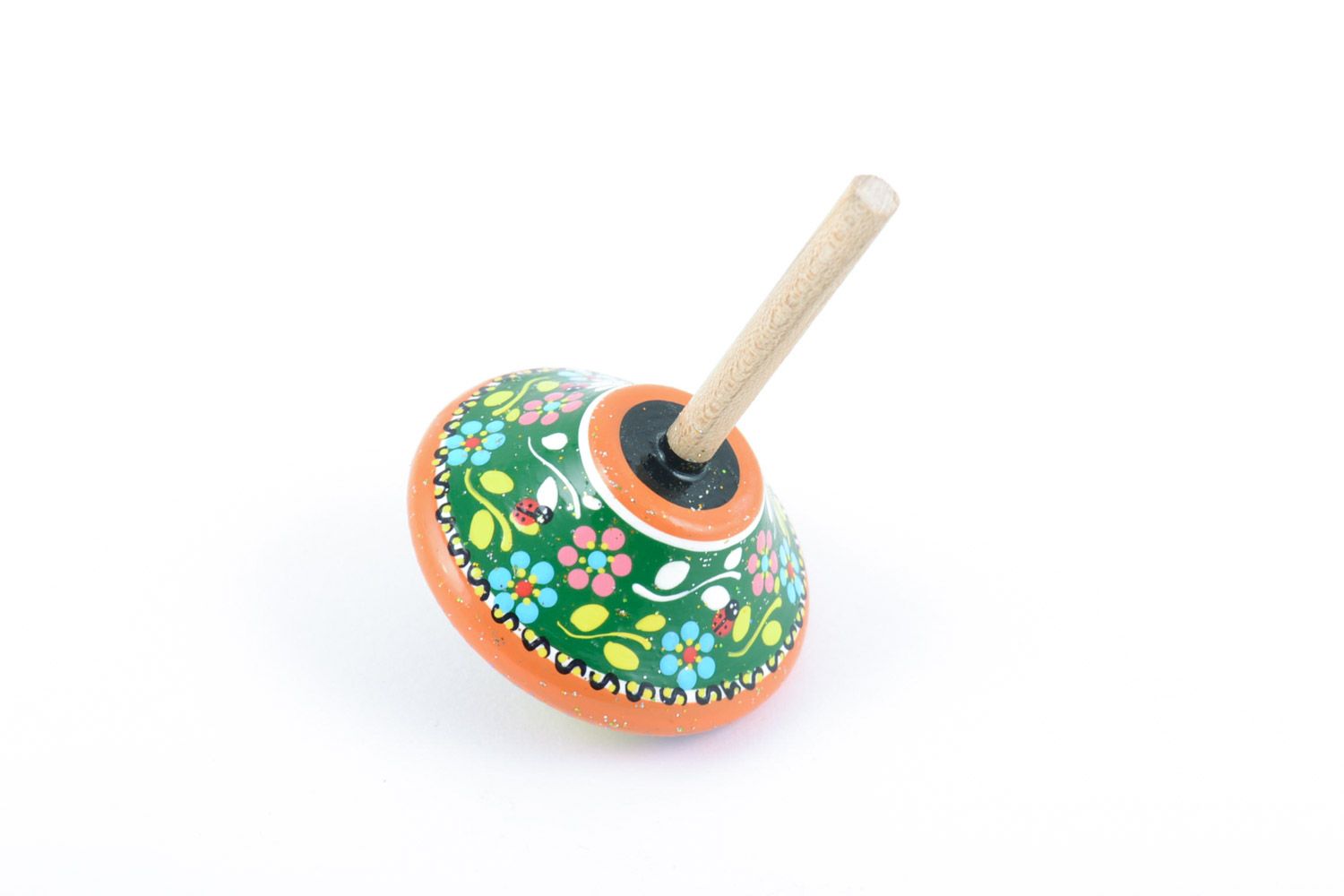 Beautiful bright painted handmade wooden toy spin top photo 1