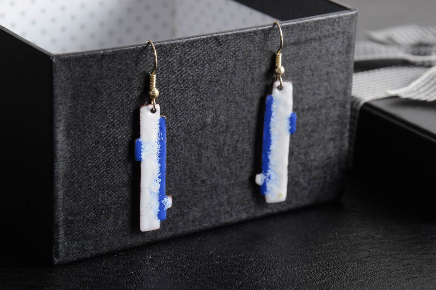 Handmade long copper earrings with hot enamel painting white with blue photo 1