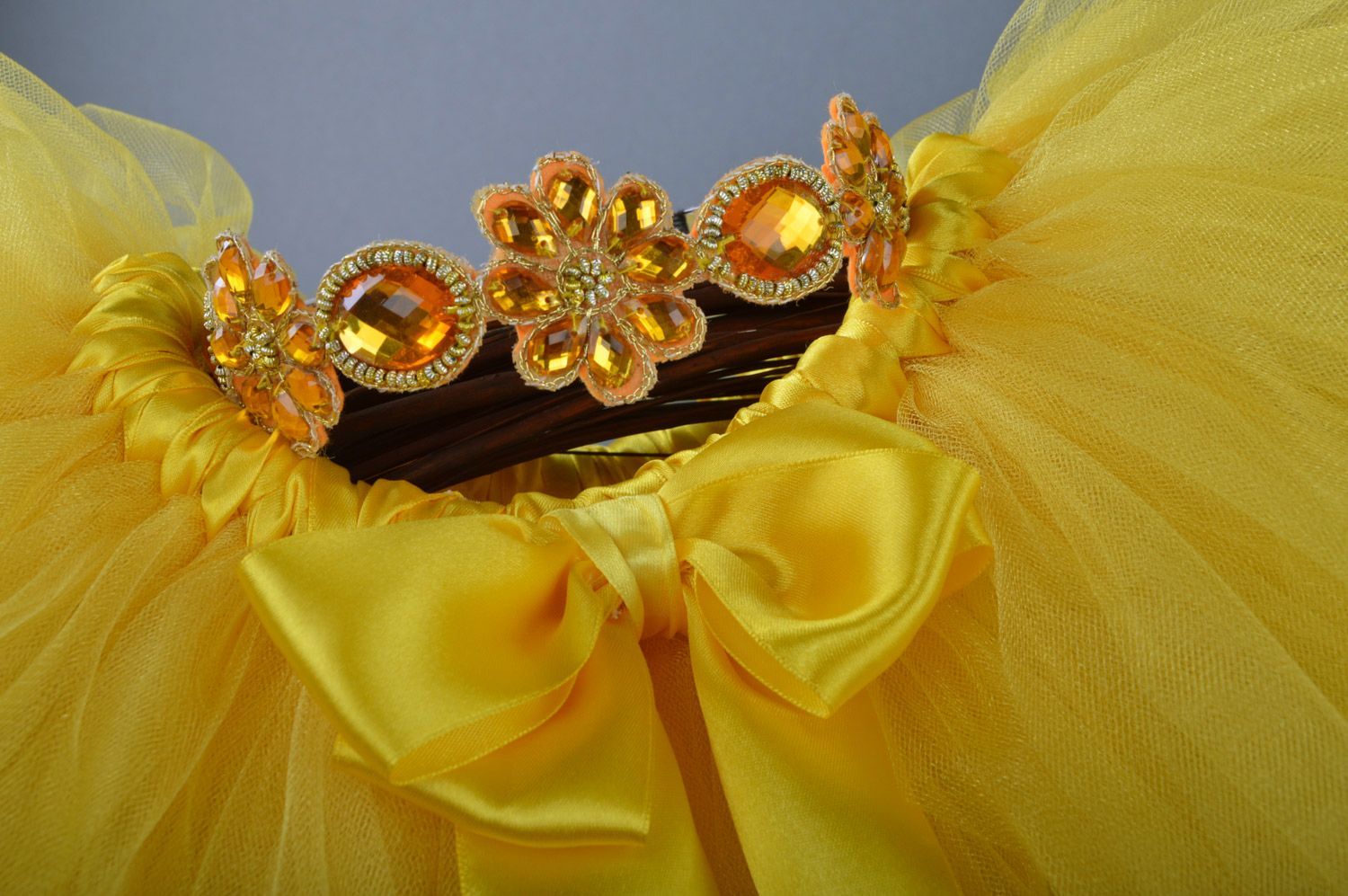 Set of handmade tulle ballet skirt and headband with stones in yellow color shades photo 3