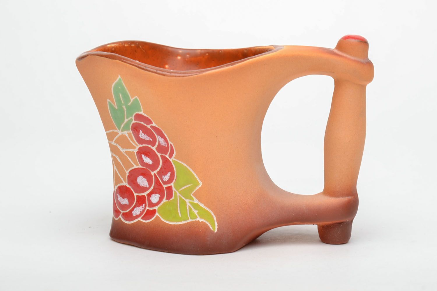 8 oz clay glazed wine drinking cup with wide handle and grapes' pattern photo 2