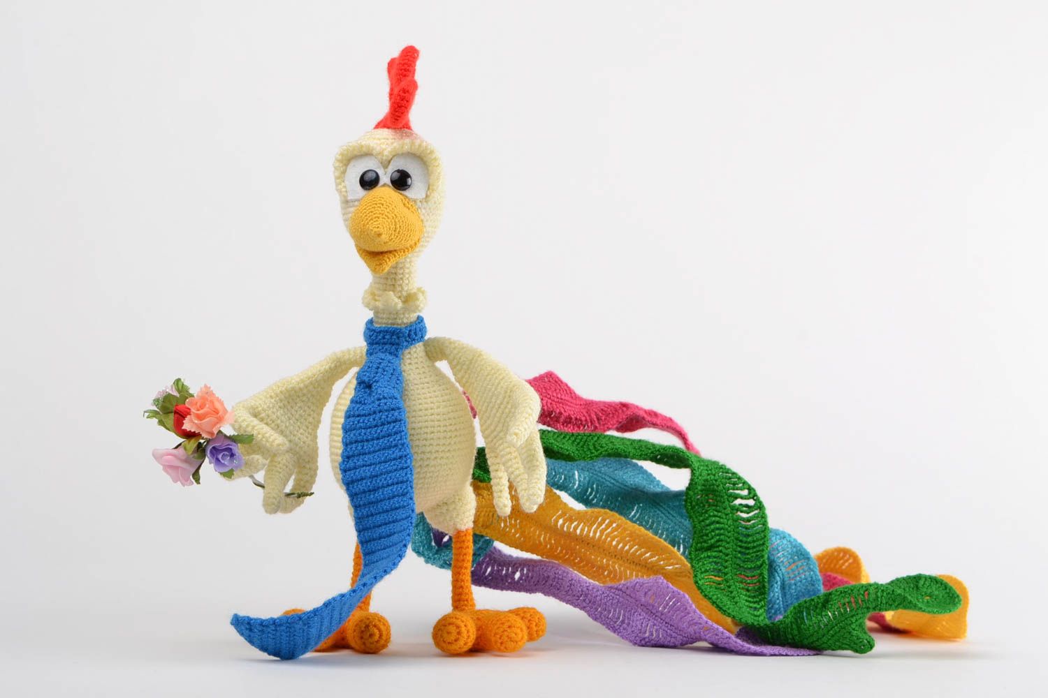 Peluche tricotée coq faite main en fils acryliques multicolore cadeau enfant photo 1