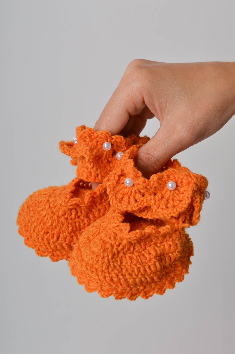 Вязаные носки ручной работы пинетки для малышей пинетки крючком оранжевые фото 5