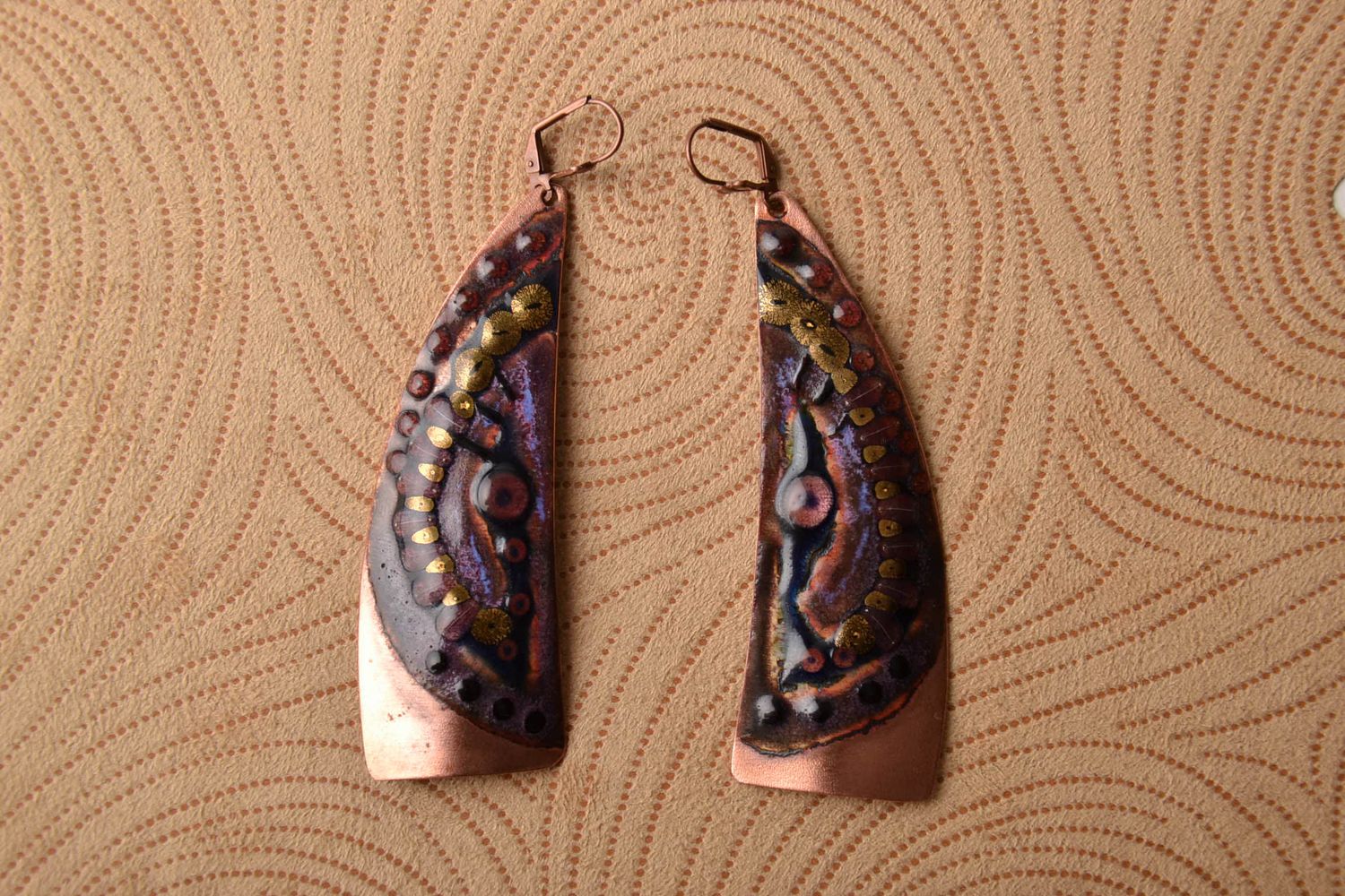 Handmade copper earrings with enamel painting photo 1