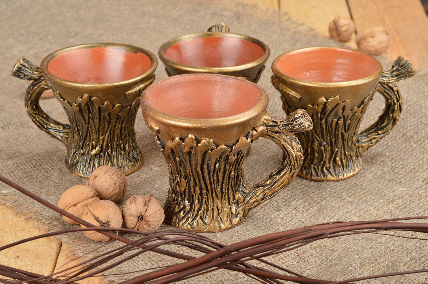 Set of 4 four clay glazed 3 oz coffee cups colored with gold color with wooden pattern and handle photo 1