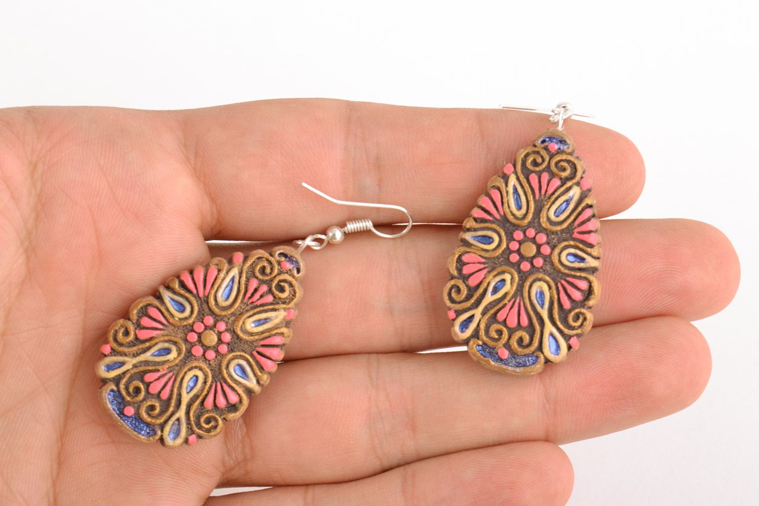 Handmade clay drop earrings painted with acrylics for women photo 2