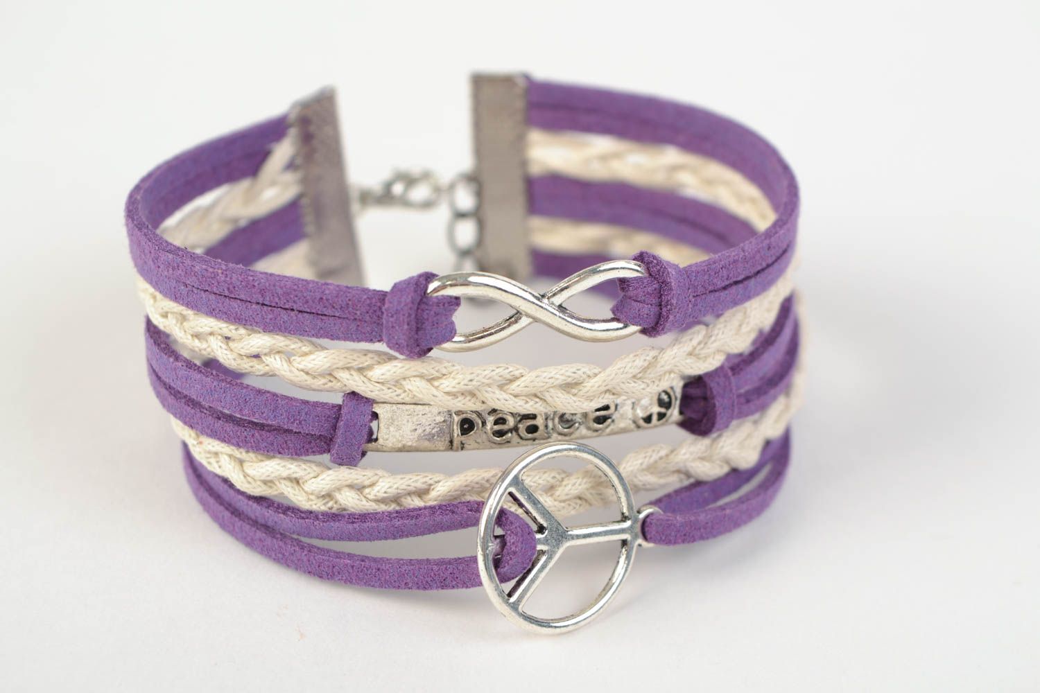 Handmade beautiful suede cord bracelet with metal charm and inscription Peace photo 3