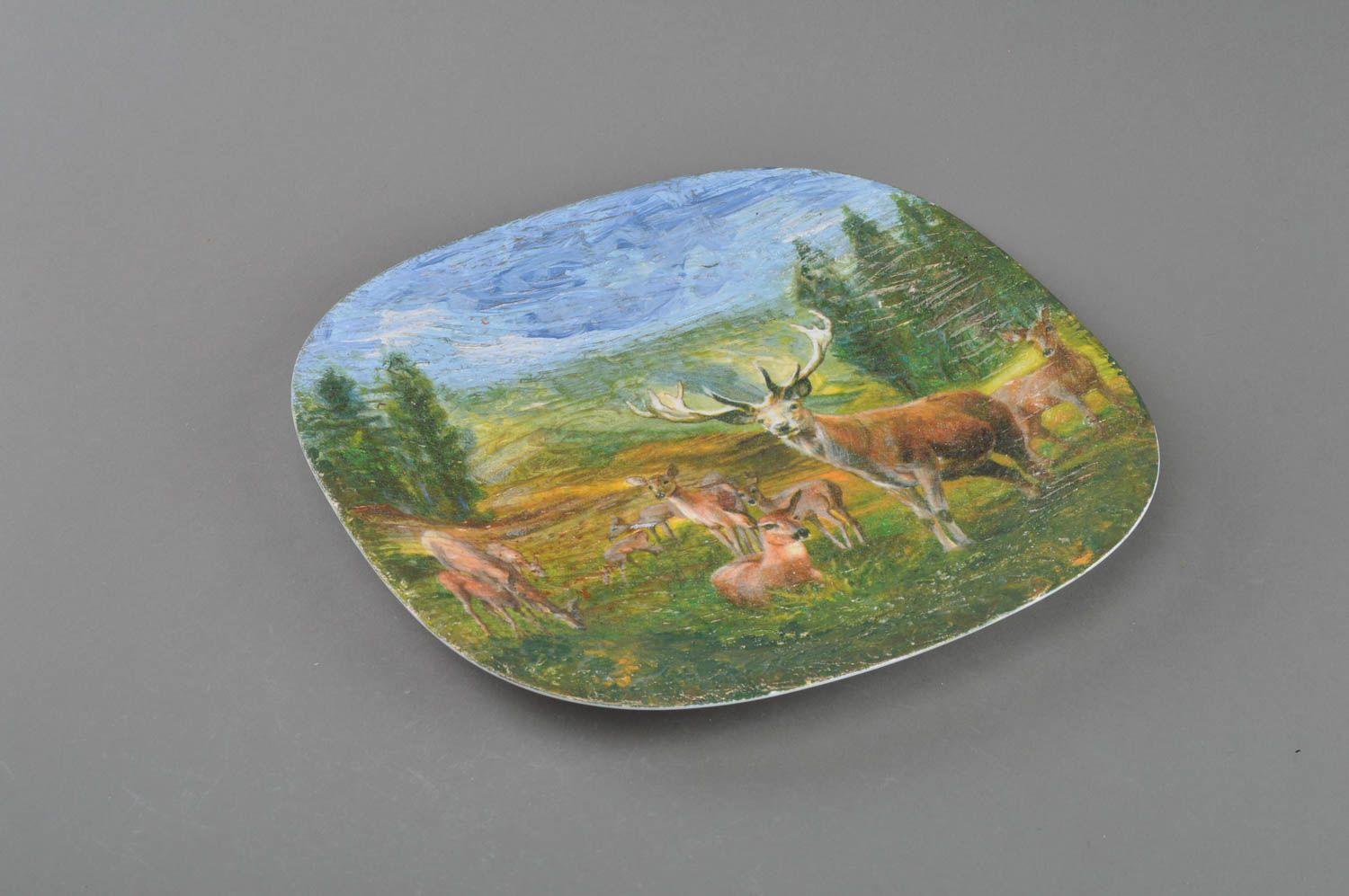 Handmade glass plate decorated using decoupage technique Forest Friends photo 1