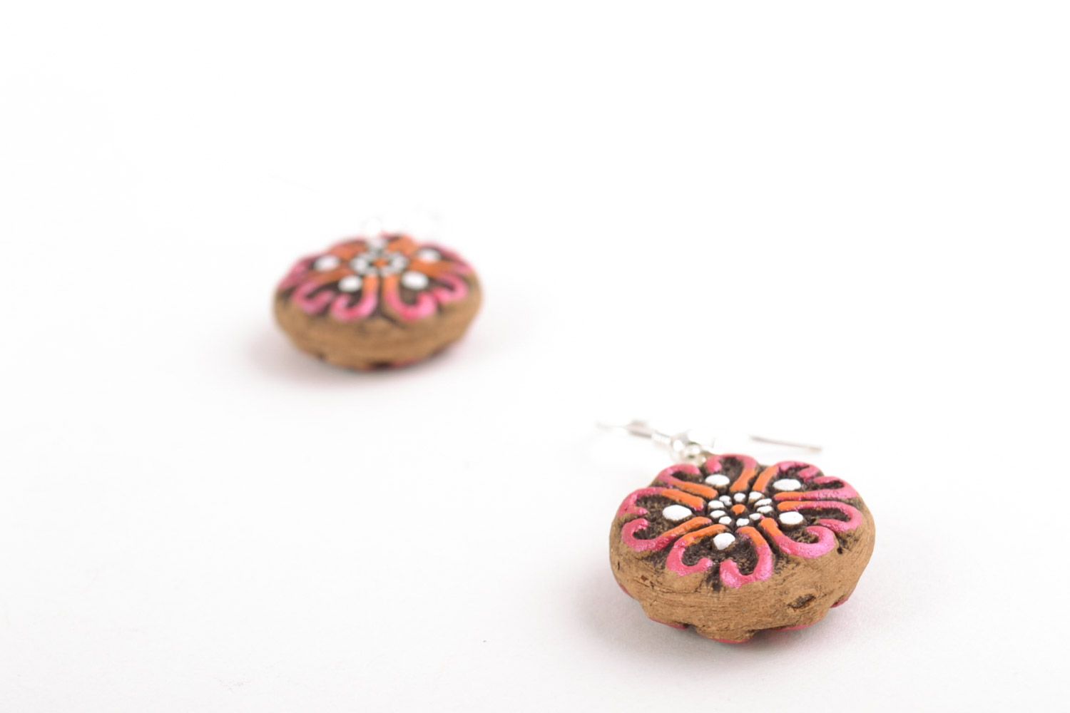 Small round dangling earrings molded of clay and painted with acrylics handmade photo 3