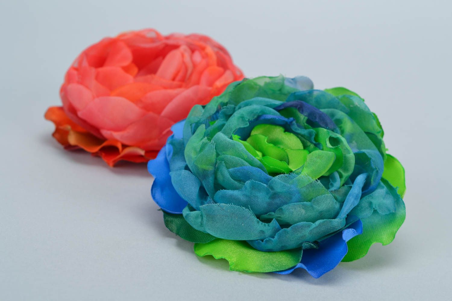 Pink and blue handmade designer organza and satin flower hair clips 2 pieces photo 1