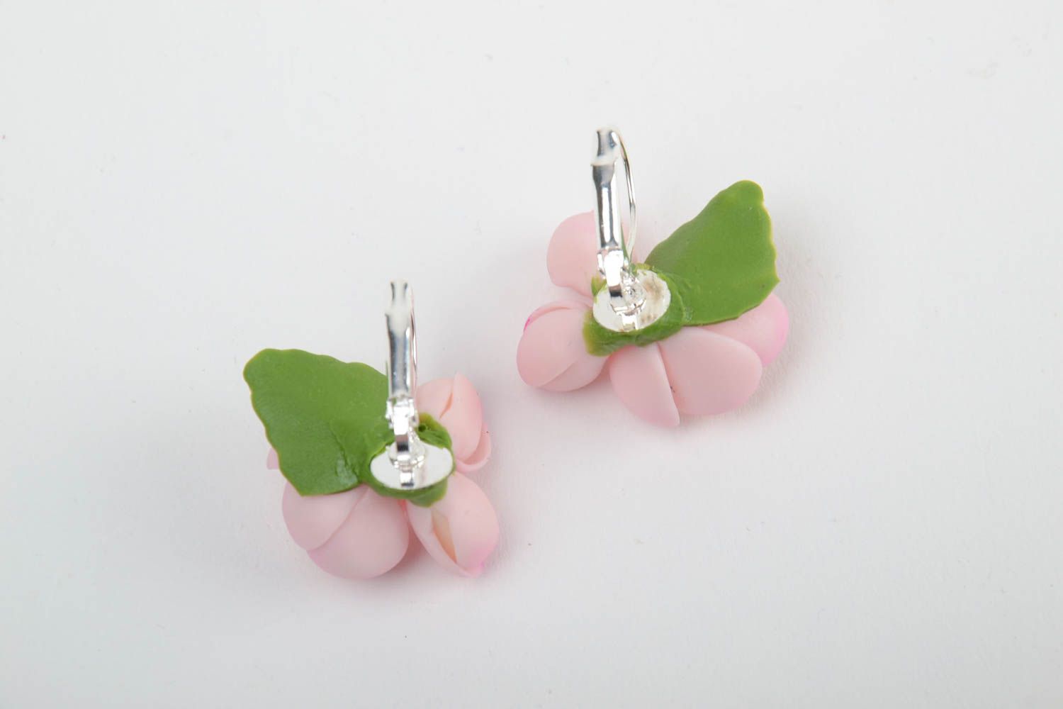 Handmade neat small earrings with tender pink cold porcelain apple flowers photo 5
