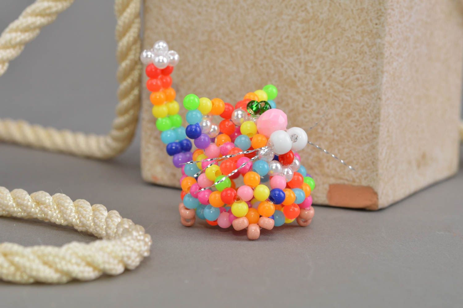 Unusual colorful handmade miniature beaded figurine of cat designer home decor photo 1