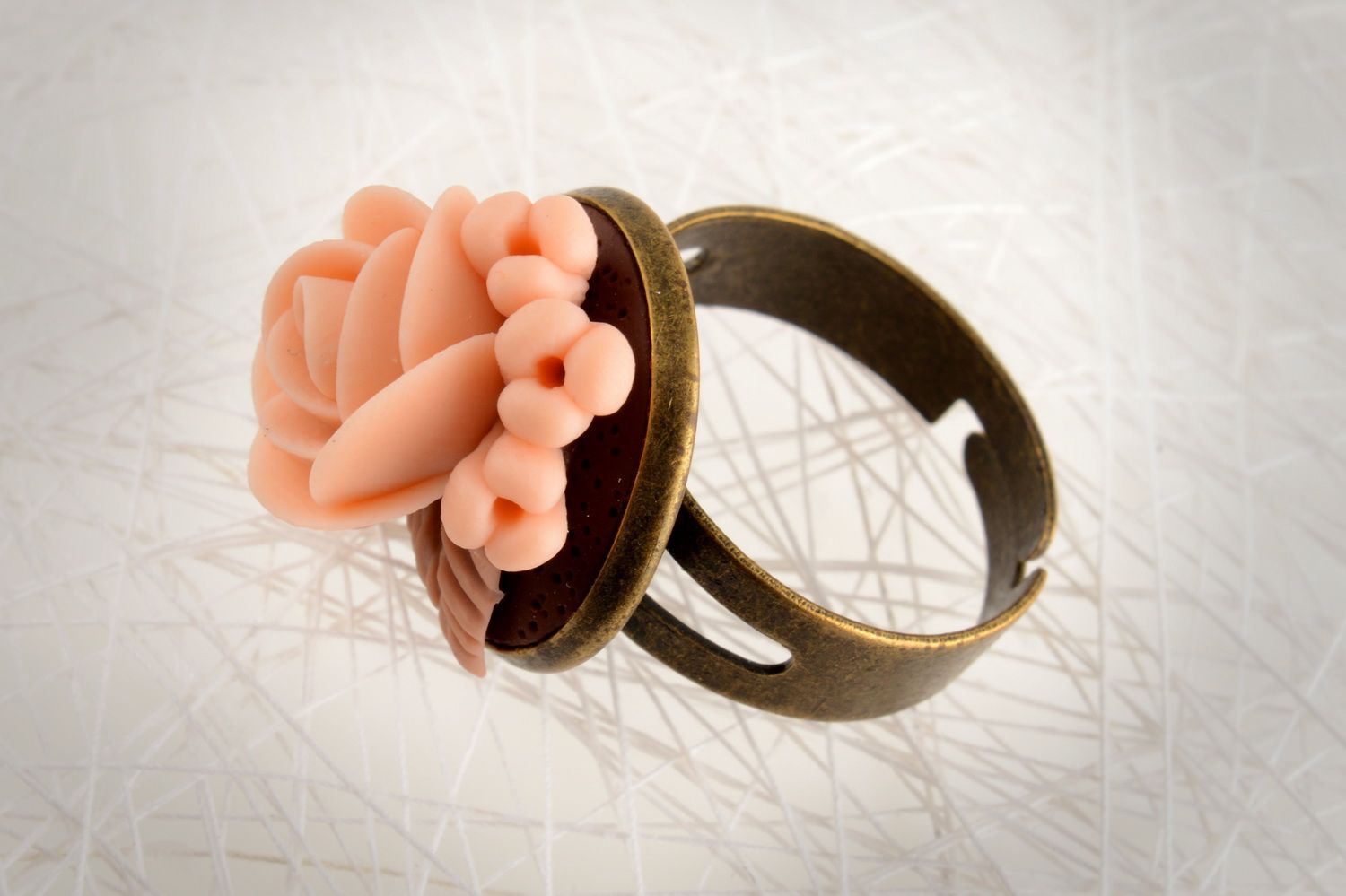 Handmade tender designer jewelry ring with metal basis and polymer clay flower photo 1