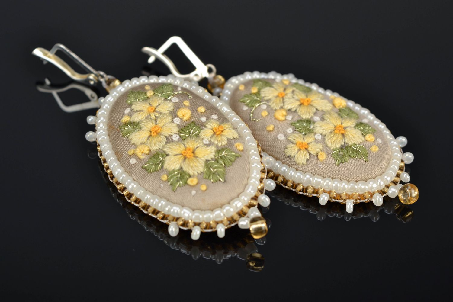 Handmade large satin stitch embroidered earrings Buttercups photo 1