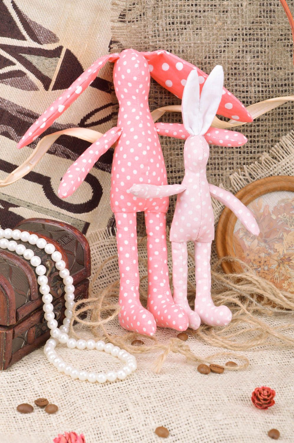 Set of handmade toys rabbits 2 pieces made of cotton pink with polka dots pattern photo 1