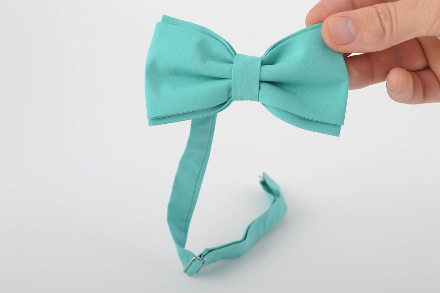 Beautiful handmade designer fabric bow tie of turquoise color photo 4