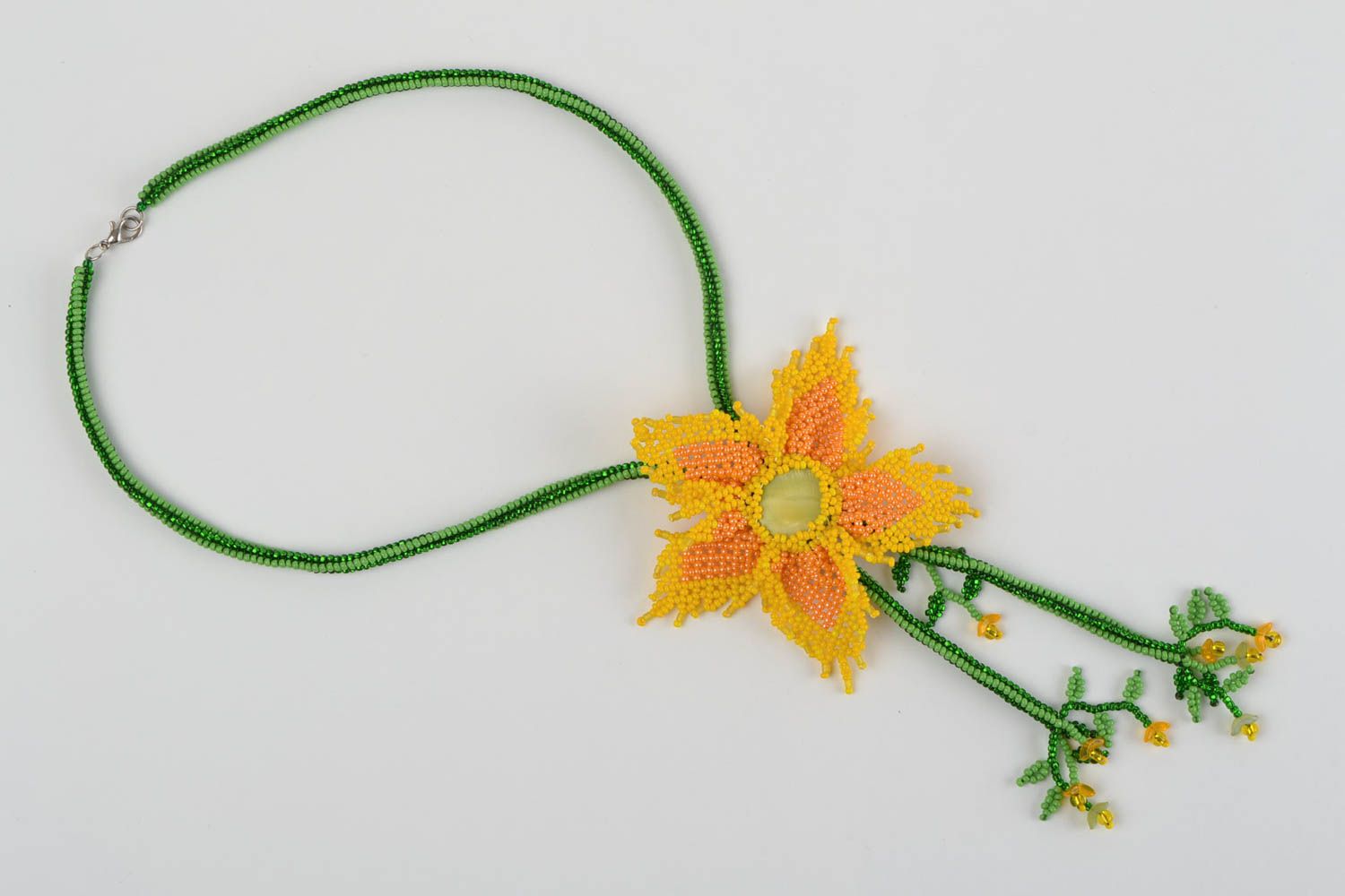 Bright long handmade necklace made of beads and natural stones Yellow flower photo 2