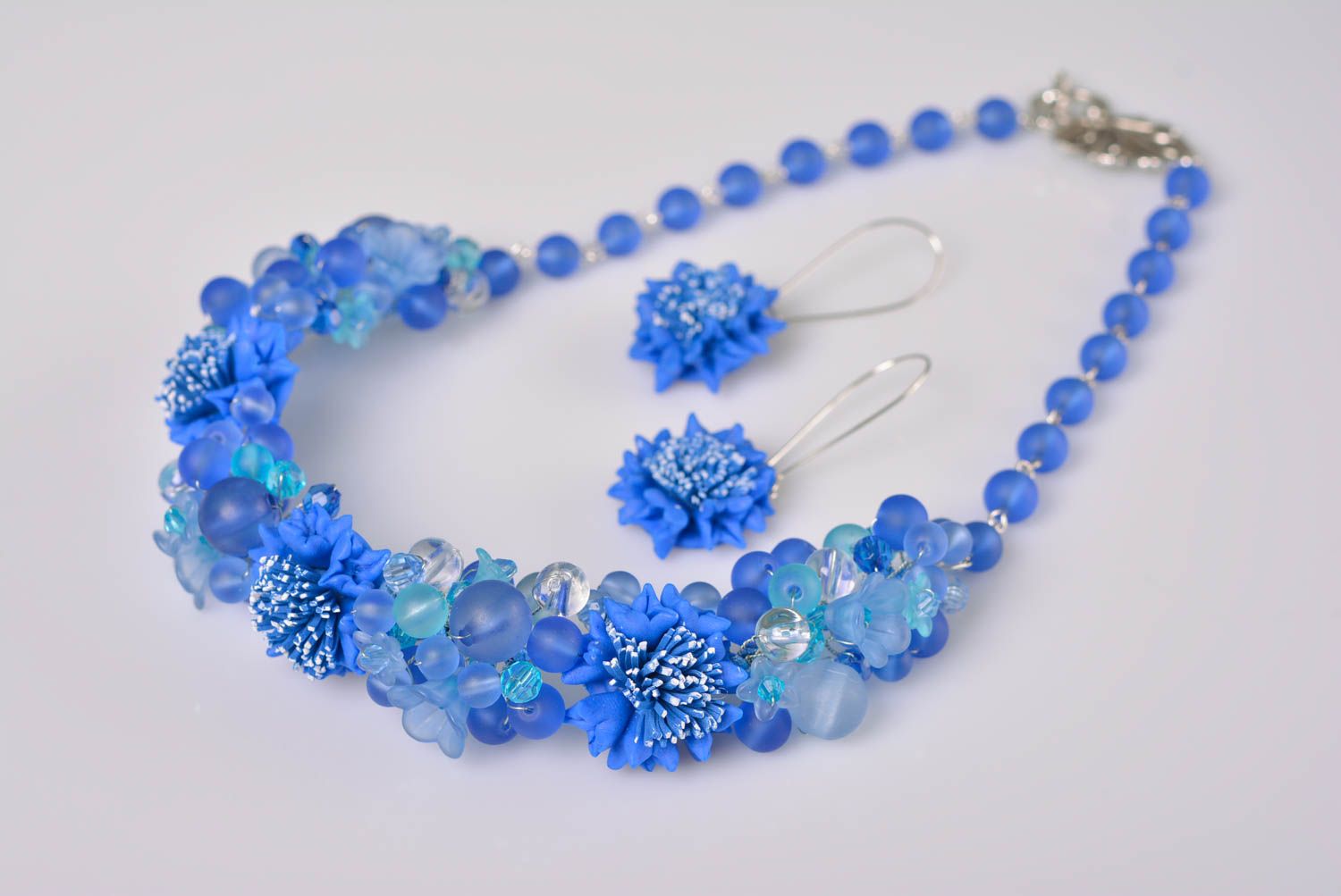 Set of jewelry made of polymer clay handmade earrings and necklace in blue color photo 1