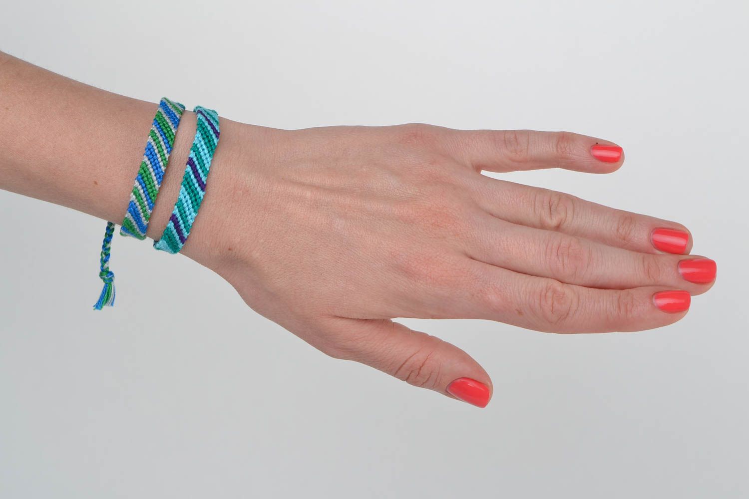 Set of handmade designer macrame bracelets made of floss threads 2 piece photo 2