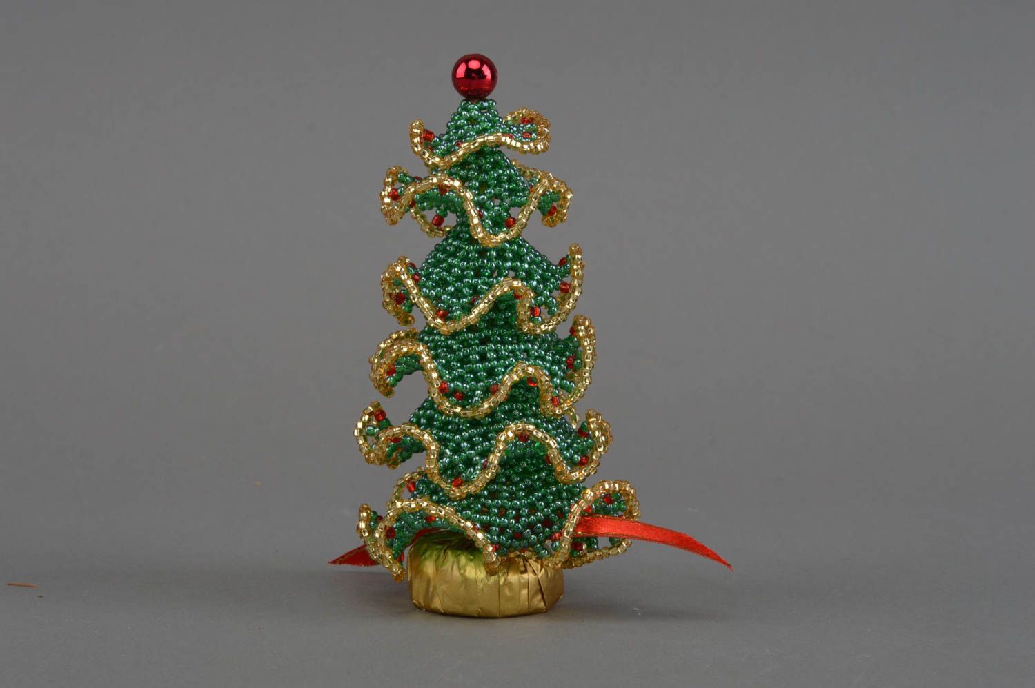 Unusual handmade woven bead statuette of green Christmas tree designer decor photo 2