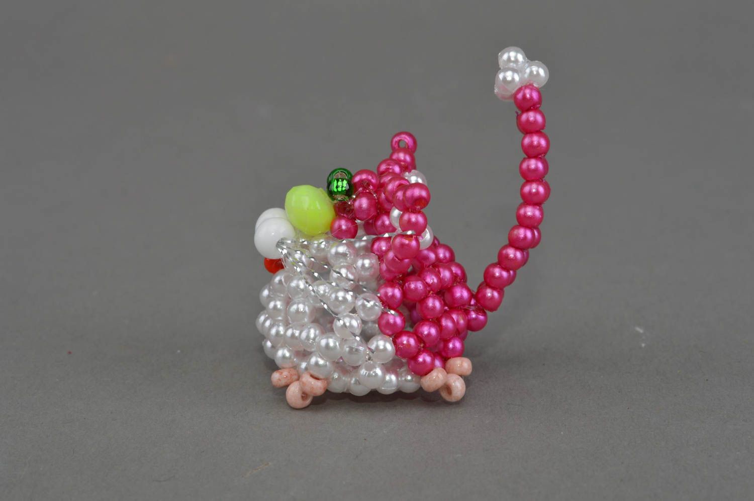 Small handmade decorative beaded statuette of cat of crimson color for gift photo 2