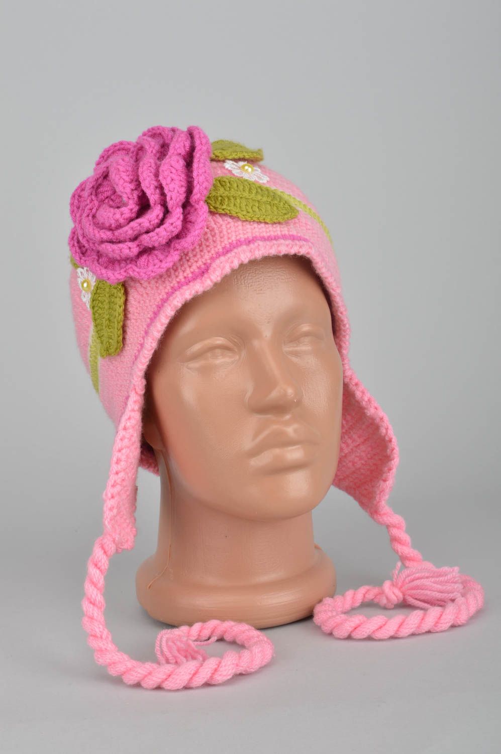 Bonnet fille fait main Bonnet tricot rose avec grande fleur Vêtement enfant photo 1