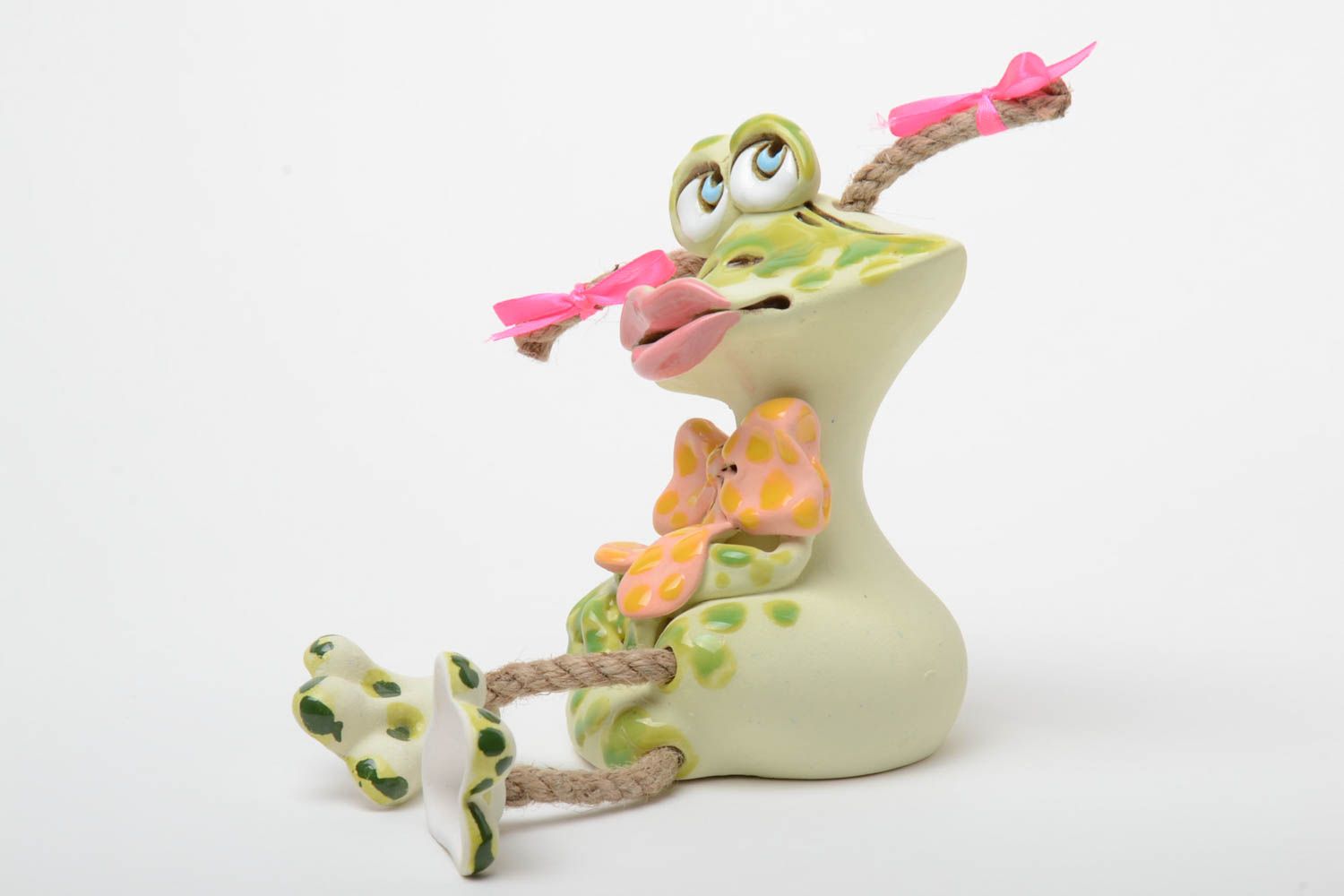 Bright handmade semi porcelain painted ceramic money box in the shape of frog photo 2