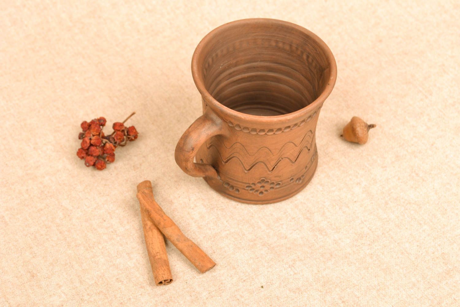 5 oz natural clay cup with handle and rustic design photo 6
